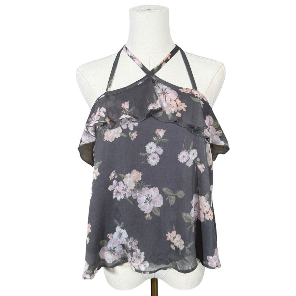 Hollister Floral Halter Top Small Gray Ruffle Chiffon Sleeveless Fairycore
